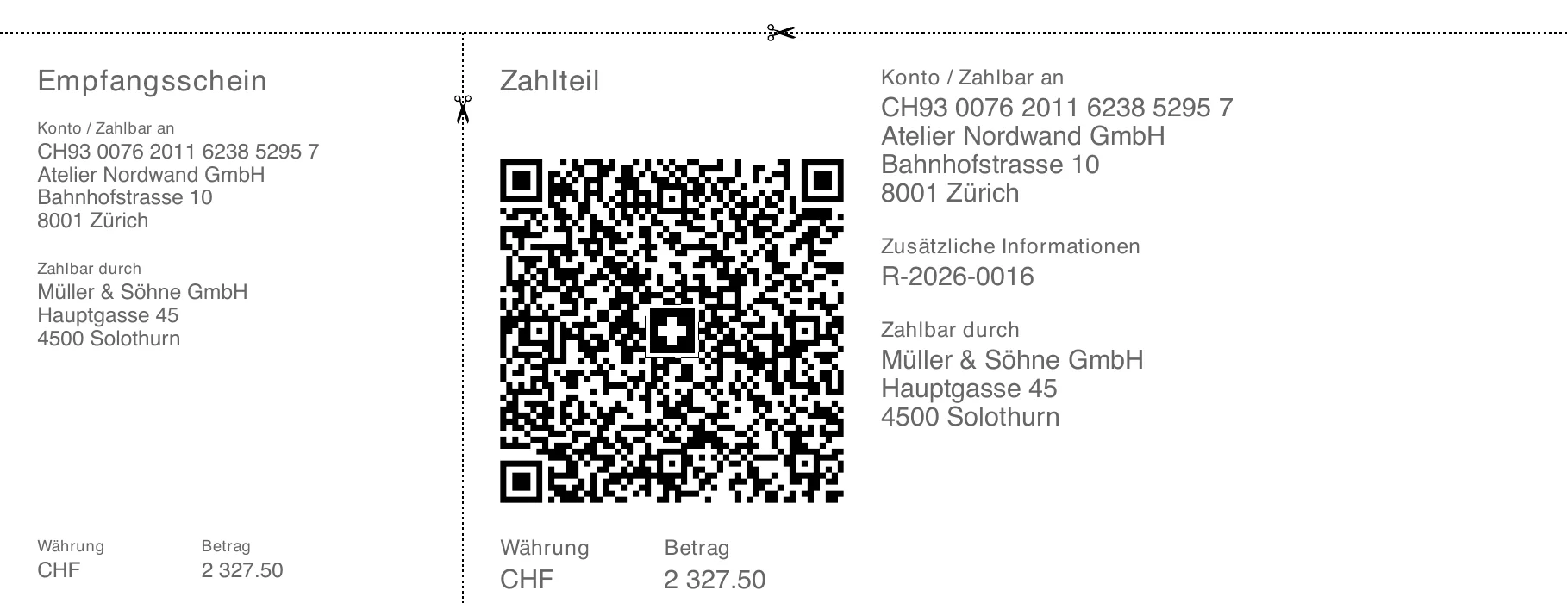 Von Payvetia erzeugte A4-Rechnung mit Schweizer QR-Einzahlungsschein