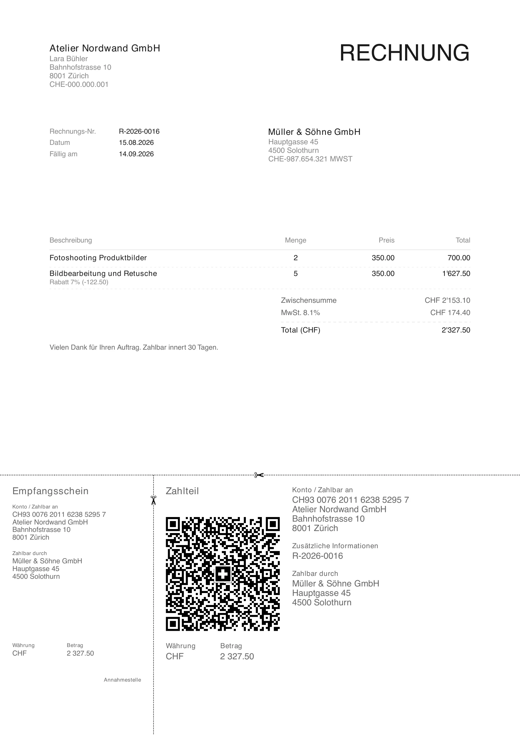 Beispiel einer Schweizer Rechnung als PDF mit Absender, Empfänger, Rechnungsnummer, Positionen, MWST 8,1 % und QR-Zahlteil